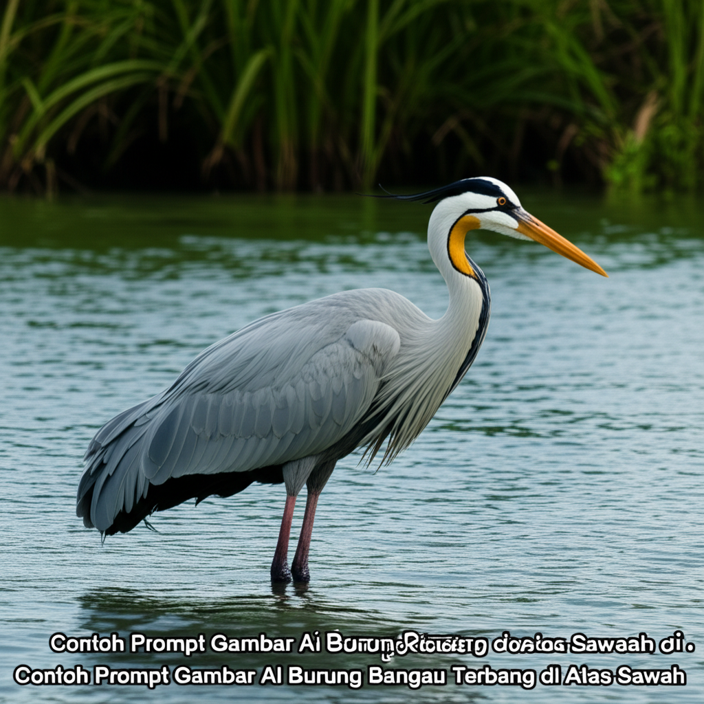 Contoh Prompt Gambar AI Burung Bangau Terbang di Atas Sawah