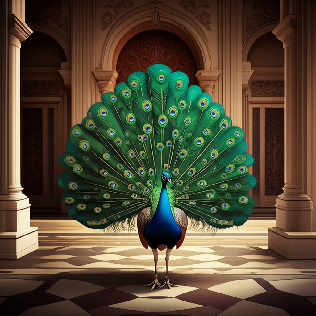 Contoh Prompt Gambar AI Burung Merak di Halaman Istana