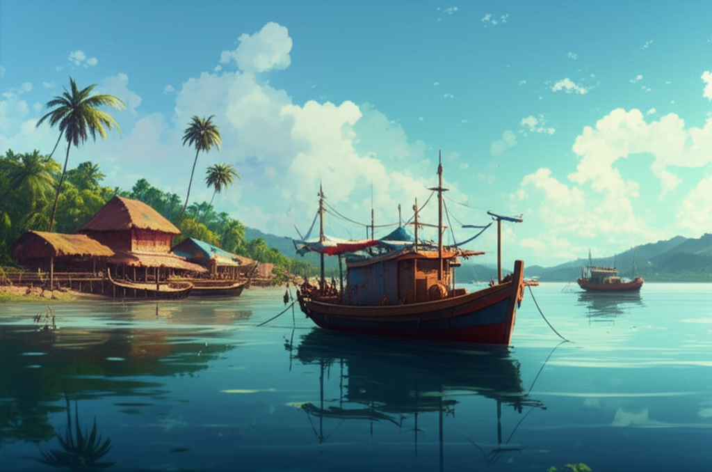 Contoh Prompt Gambar AI Desa Nelayan dengan Kapal Kayu