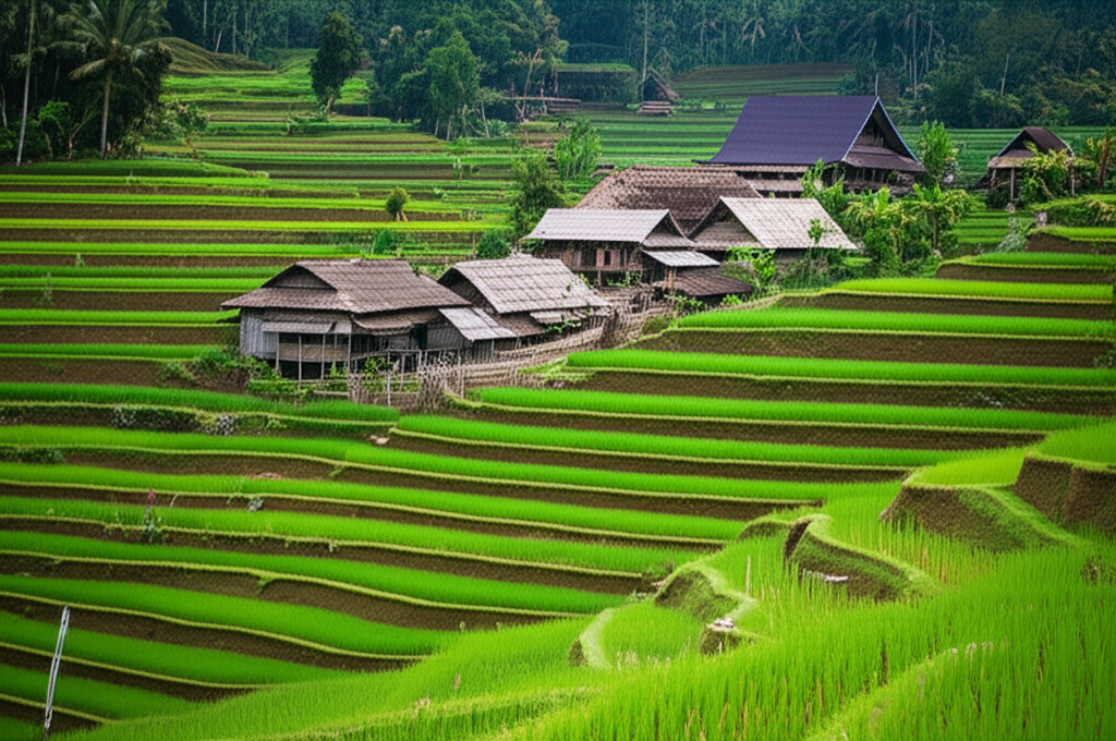Contoh Prompt Gambar AI Desa Tradisional dengan Sawah Bertingkat