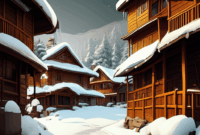 Contoh Prompt Gambar AI Desa di Musim Salju dengan Rumah Kayu