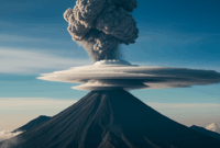 Contoh Prompt Gambar AI Gunung Berapi dengan Awan Tebal
