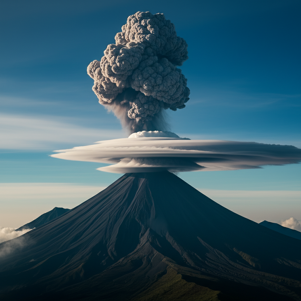 Contoh Prompt Gambar AI Gunung Berapi dengan Awan Tebal