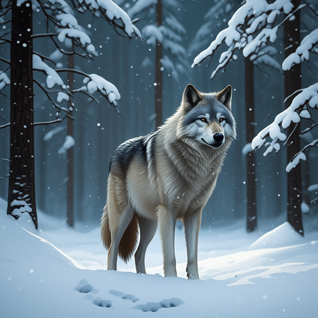 Contoh Prompt Gambar AI Hewan Serigala di Hutan Salju