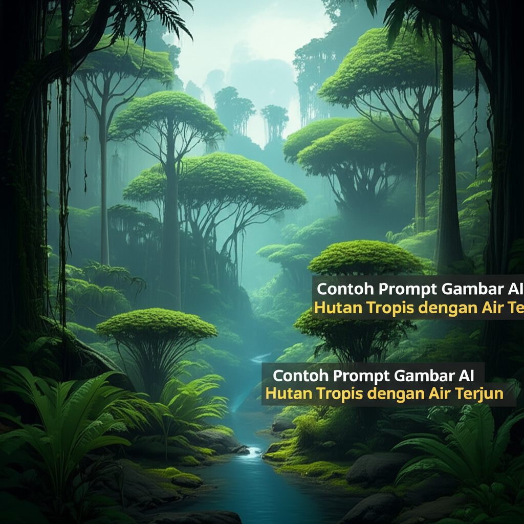 Contoh Prompt Gambar AI Hutan Tropis dengan Air Terjun