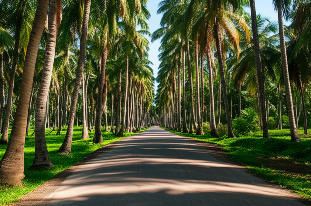Contoh Prompt Gambar AI Jalan Desa dengan Pohon Kelapa