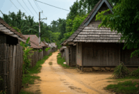 Contoh Prompt Gambar AI Jalan Desa dengan Rumah Kayu