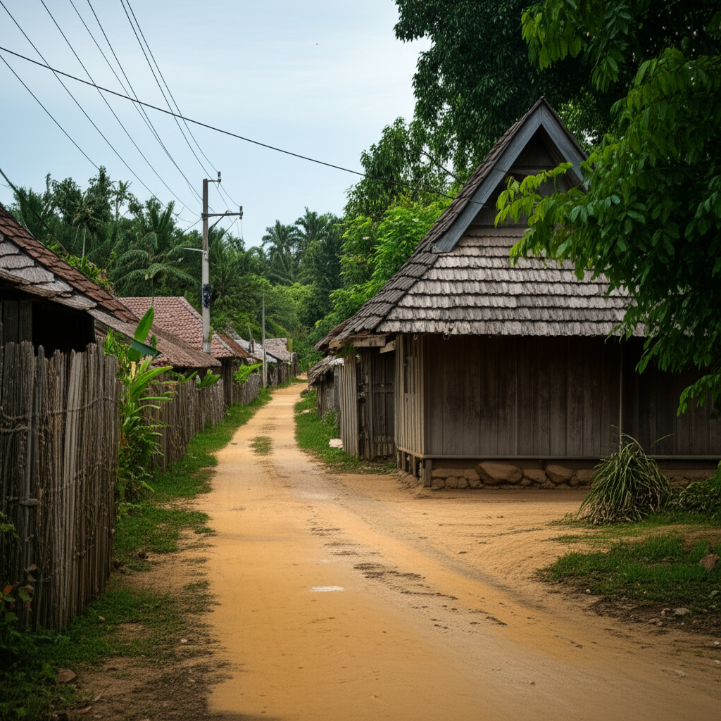 Contoh Prompt Gambar AI Jalan Desa dengan Rumah Kayu