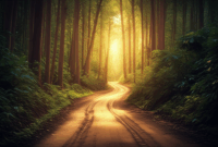 Contoh Prompt Gambar AI Jalan Hutan dengan Cahaya Senja