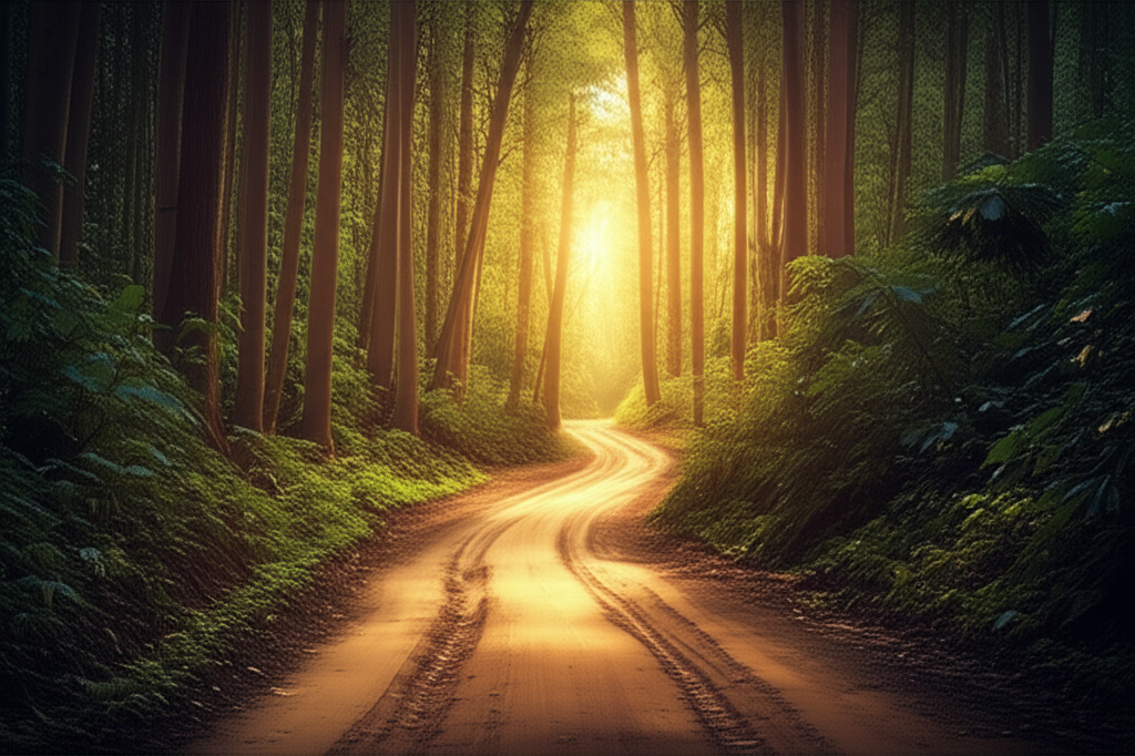 Contoh Prompt Gambar AI Jalan Hutan dengan Cahaya Senja