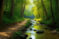 Contoh Prompt Gambar AI Jalan Hutan dengan Sungai Kecil