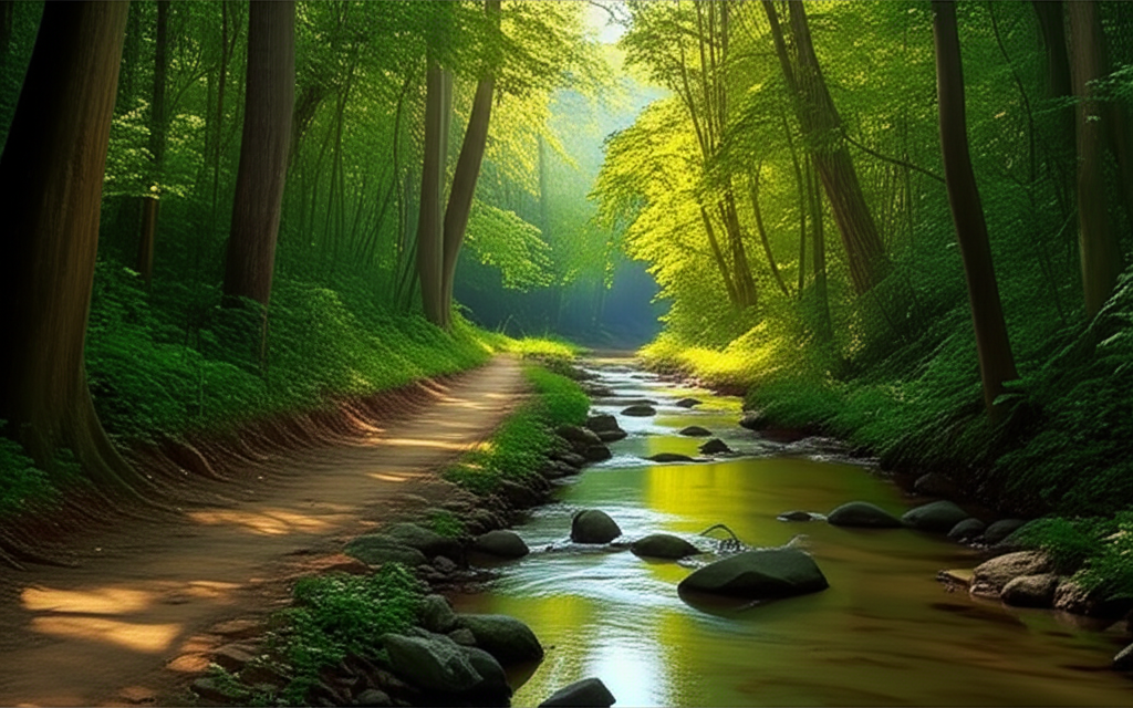 Contoh Prompt Gambar AI Jalan Hutan dengan Sungai Kecil