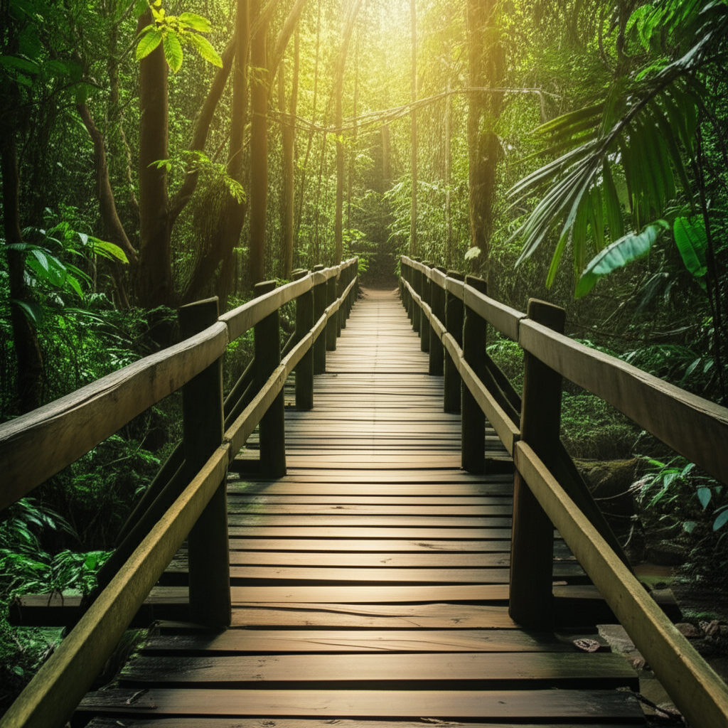Contoh Prompt Gambar AI Jembatan Kayu di Tengah Hutan