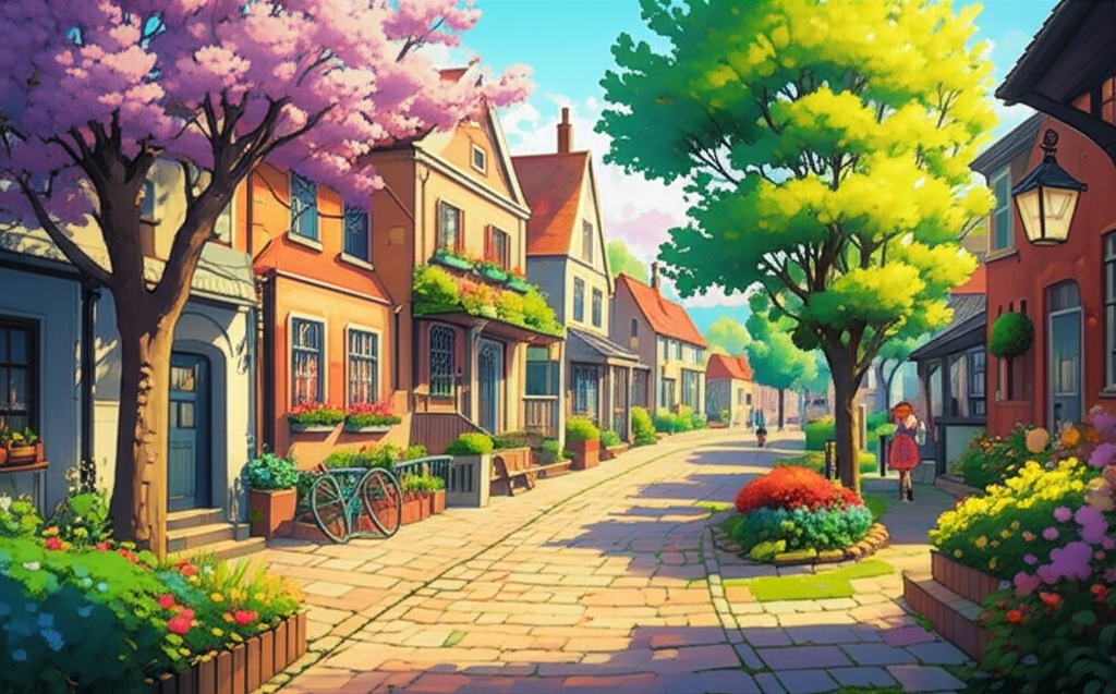 Contoh Prompt Gambar AI Kota Kecil di Musim Semi
