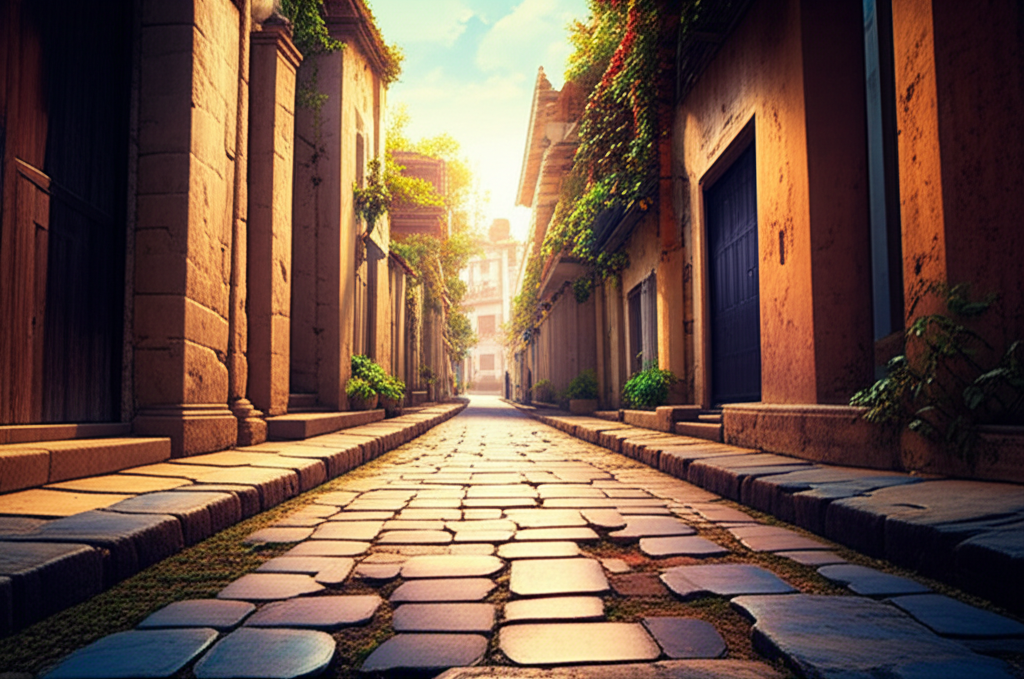 Contoh Prompt Gambar AI Kota Kuno dengan Jalan Batu