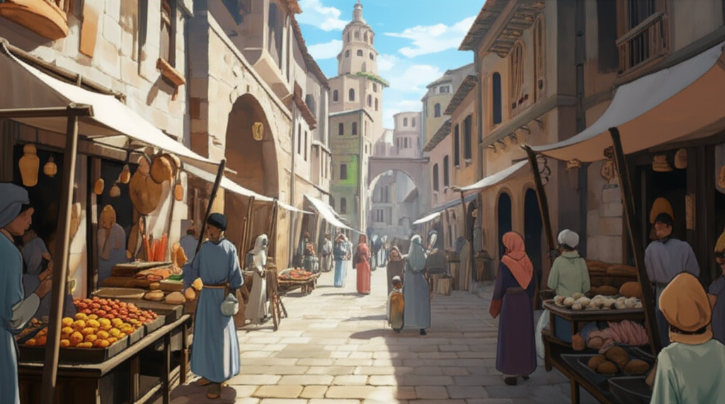 Contoh Prompt Gambar AI Kota Kuno dengan Jalanan Ramai