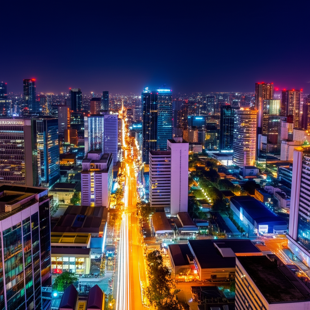 Contoh Prompt Gambar AI Kota Malam dengan Lampu Berwarna