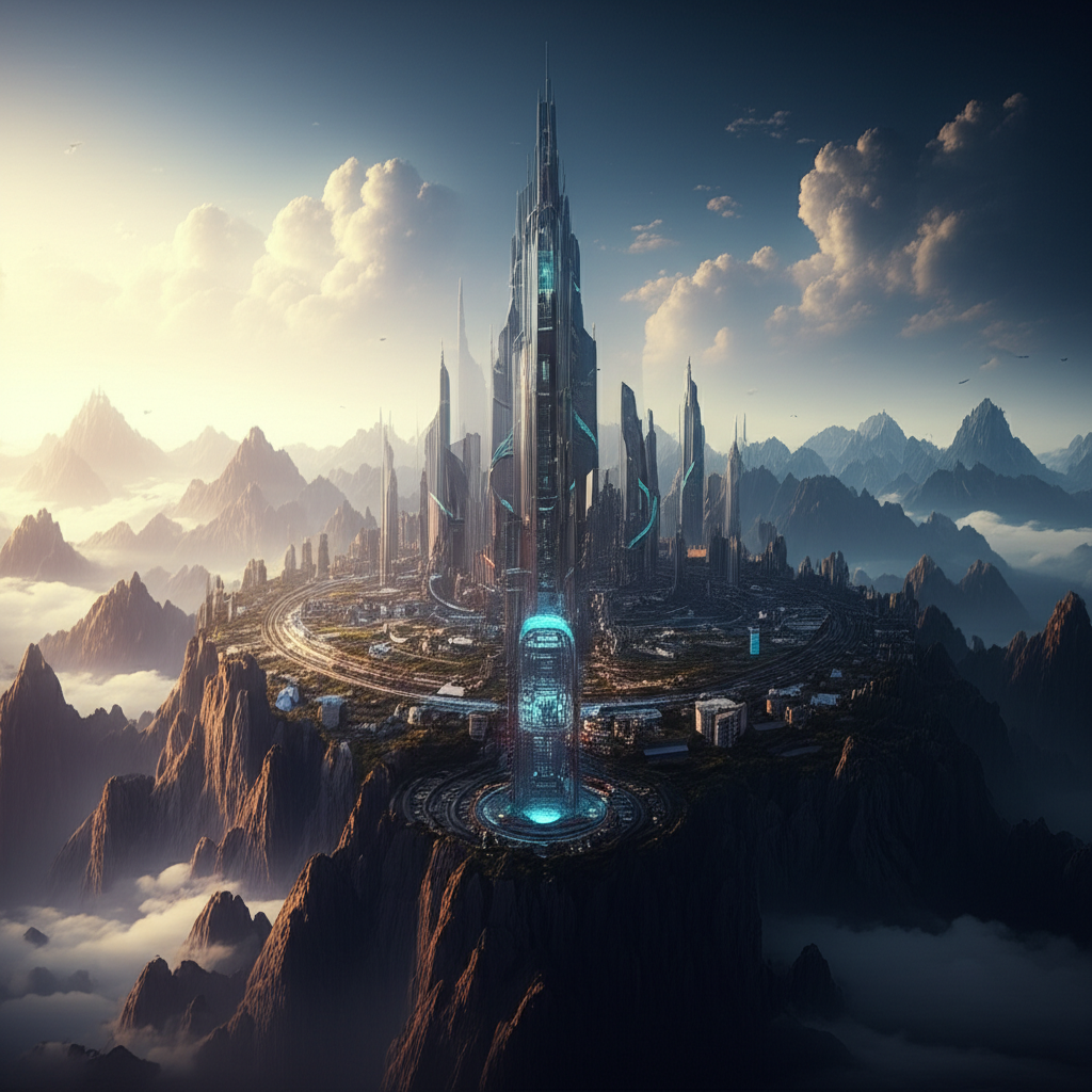 Contoh Prompt Gambar AI Kota Megah di Atas Pegunungan