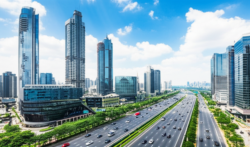 Contoh Prompt Gambar AI Kota Modern dengan Jalan Raya Besar