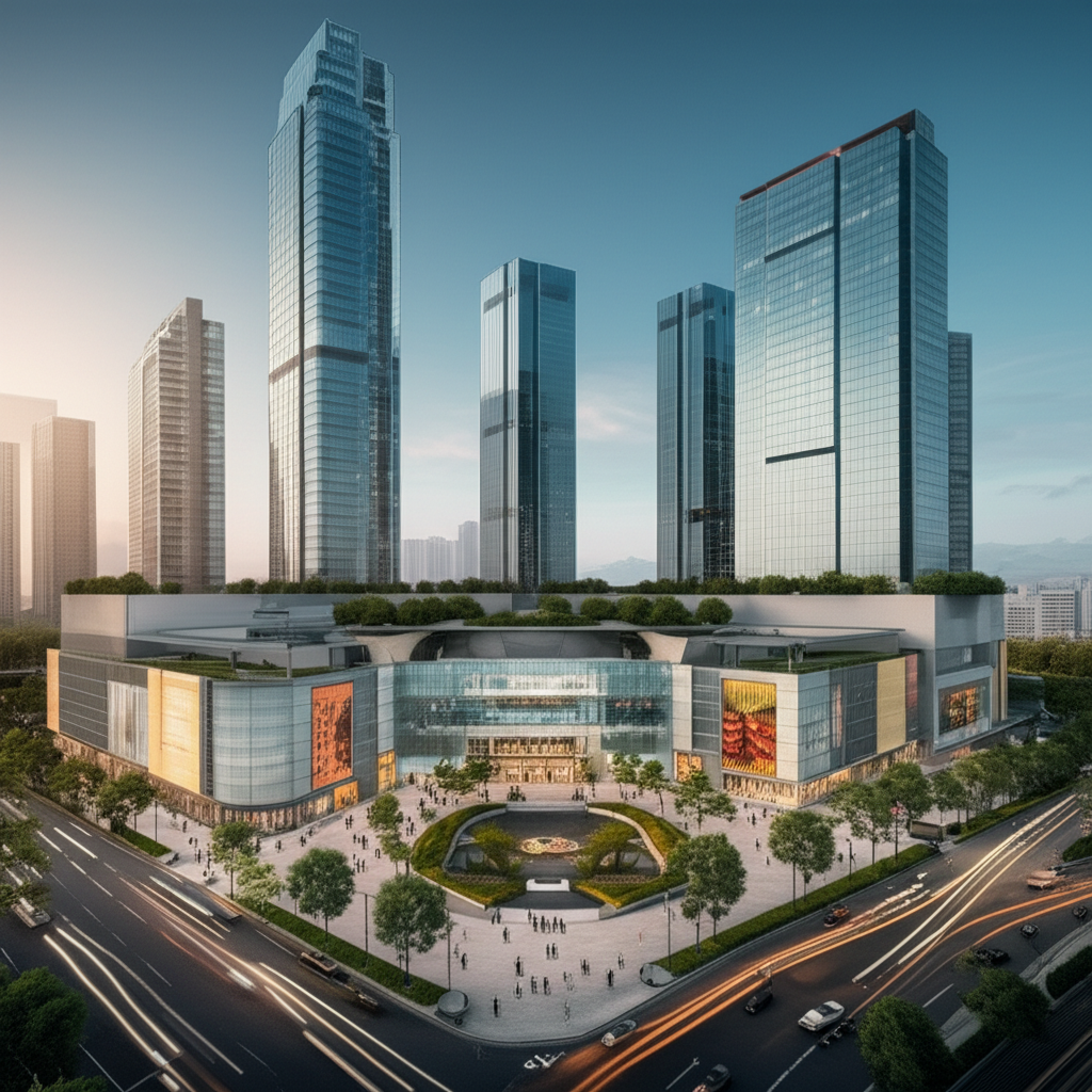 Contoh Prompt Gambar AI Kota Modern dengan Pusat Perbelanjaan