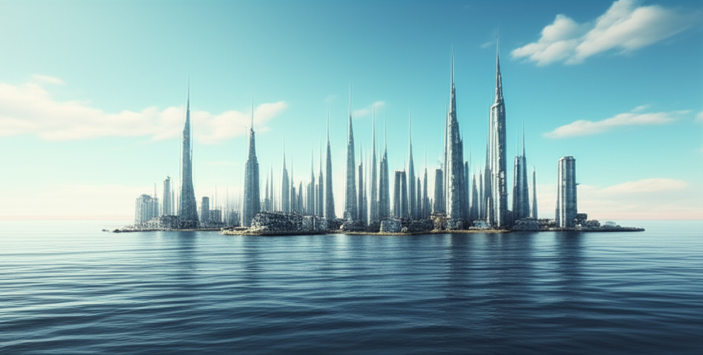 Contoh Prompt Gambar AI Kota Terapung di Tengah Laut