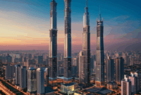 Contoh Prompt Gambar AI Kota dengan Pemandangan Menara Tinggi