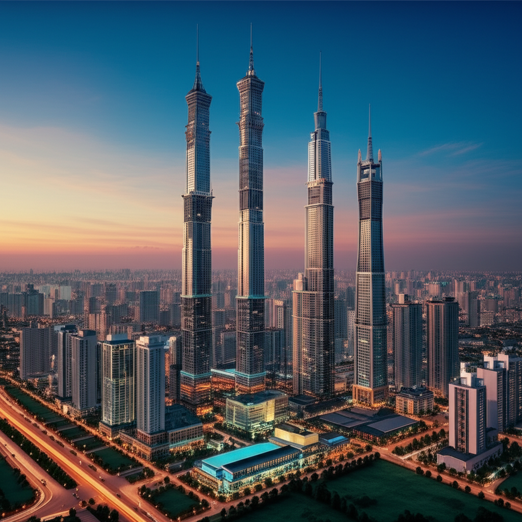 Contoh Prompt Gambar AI Kota dengan Pemandangan Menara Tinggi