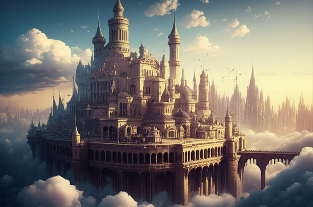 Contoh Prompt Gambar AI Kota di Atas Awan dengan Istana Megah