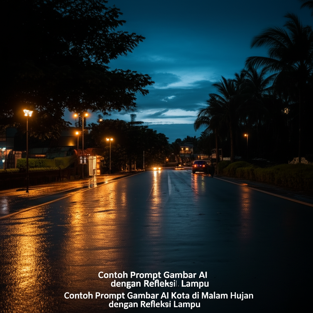 Contoh Prompt Gambar AI Kota di Malam Hujan dengan Refleksi Lampu