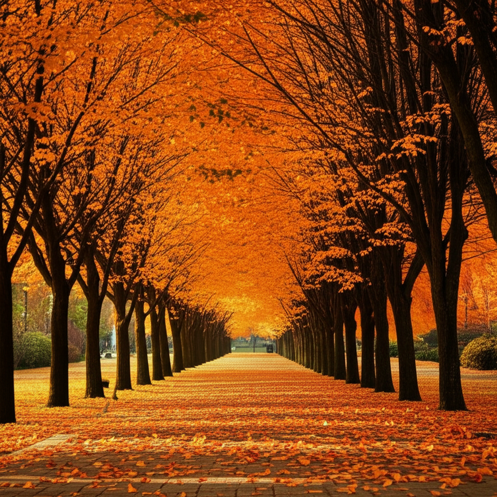 Contoh Prompt Gambar AI Kota di Musim Gugur dengan Daun Jatuh