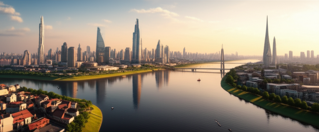 Contoh Prompt Gambar AI Kota di Tepi Sungai Besar