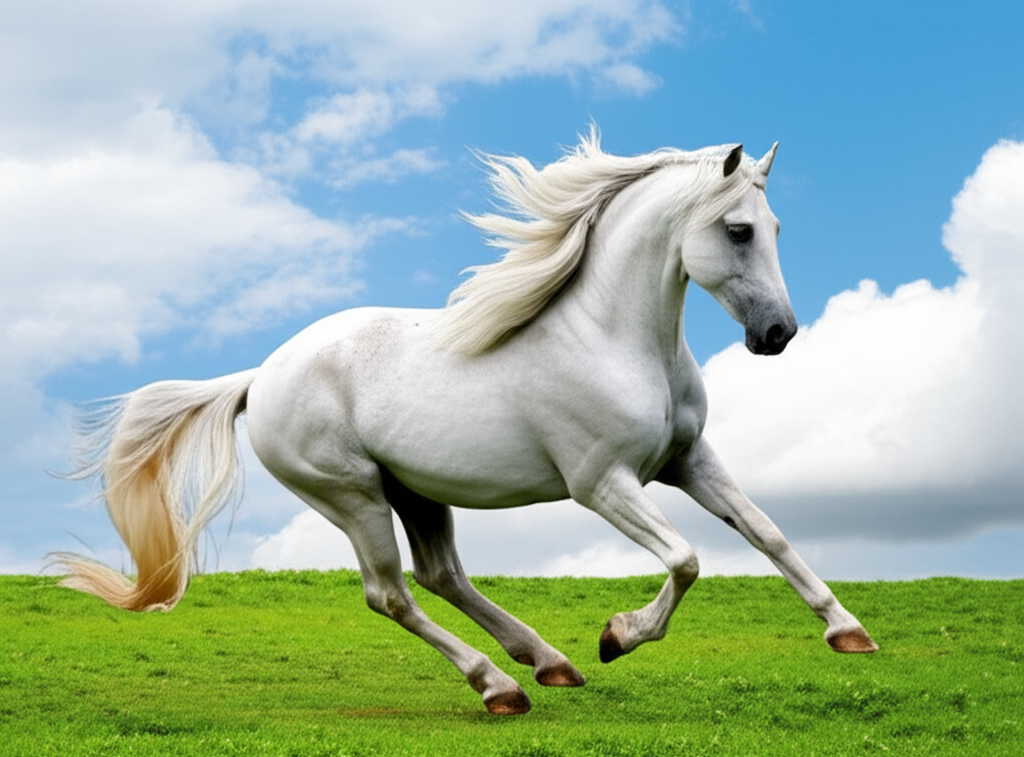 Contoh Prompt Gambar AI Kuda Putih Berlari di Padang Rumput