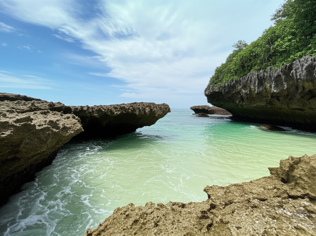 Contoh Prompt Gambar AI Pantai dengan Batuan Karang