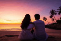 Contoh Prompt Gambar AI Pasangan Menikmati Sunset di Pantai