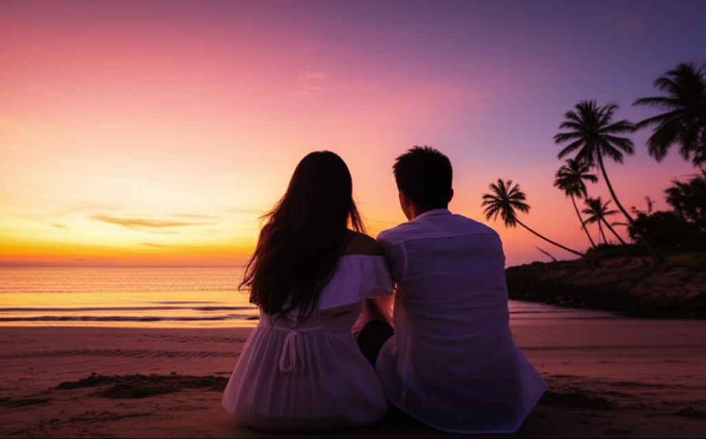 Contoh Prompt Gambar AI Pasangan Menikmati Sunset di Pantai