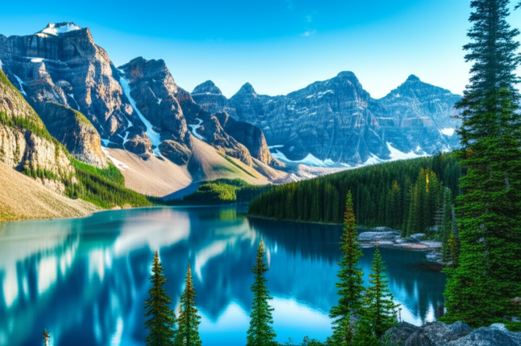 Contoh Prompt Gambar AI Pegunungan dengan Danau Biru