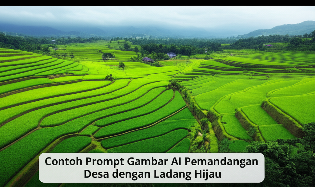 Contoh Prompt Gambar AI Pemandangan Desa dengan Ladang Hijau