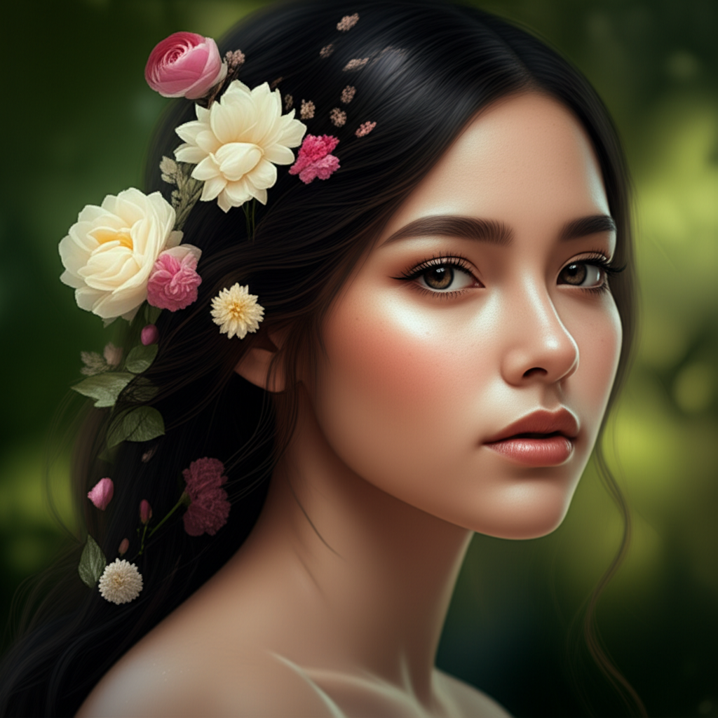Contoh Prompt Gambar AI Potret Perempuan dengan Bunga di Rambut