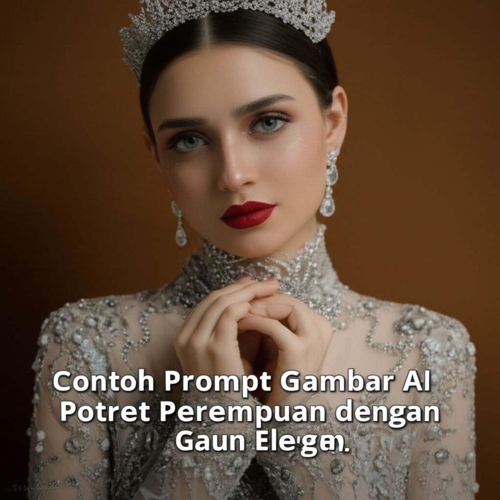 Contoh Prompt Gambar AI Potret Perempuan dengan Gaun Elegan