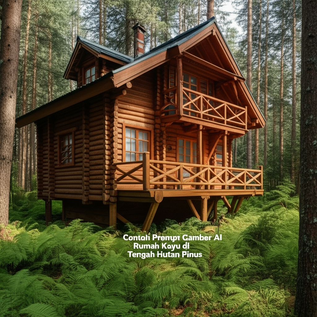 Contoh Prompt Gambar AI Rumah Kayu di Tengah Hutan Pinus