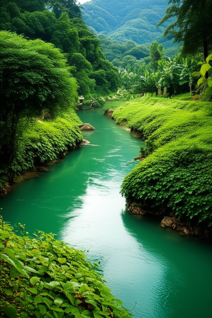 Contoh Prompt Gambar AI Sungai Berkelok di Lembah Hijau